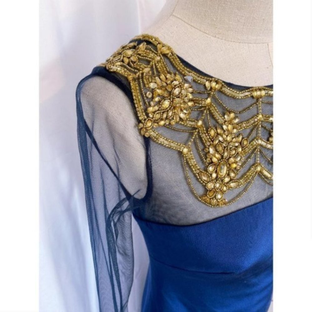 Marchesa Notte Embellished Silk Blue Dress Sheer